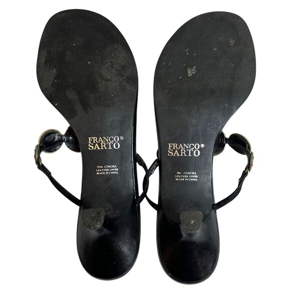 Franco Sarto Black Leather Concha Medallion Thong Kitten Heel Sandals Size 9.5 M - Picture 8 of 9